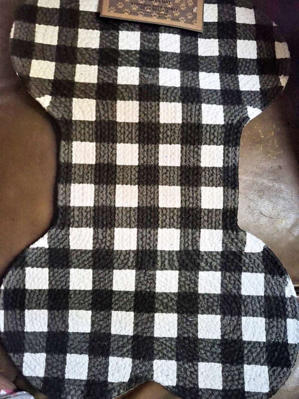 Woof and Company Black and White Buffalo Plaid Checkered Dog Bowl Bone Mat Black